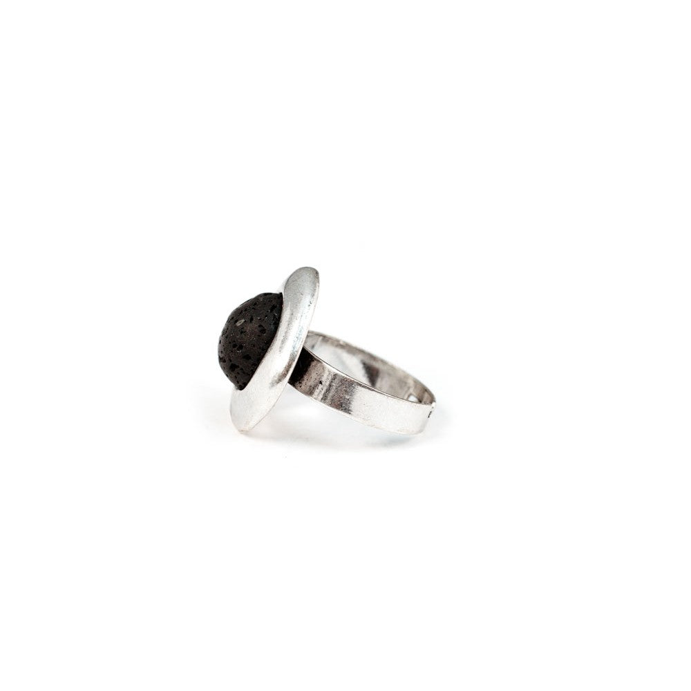 Silver plated ring adaptable flat black lava