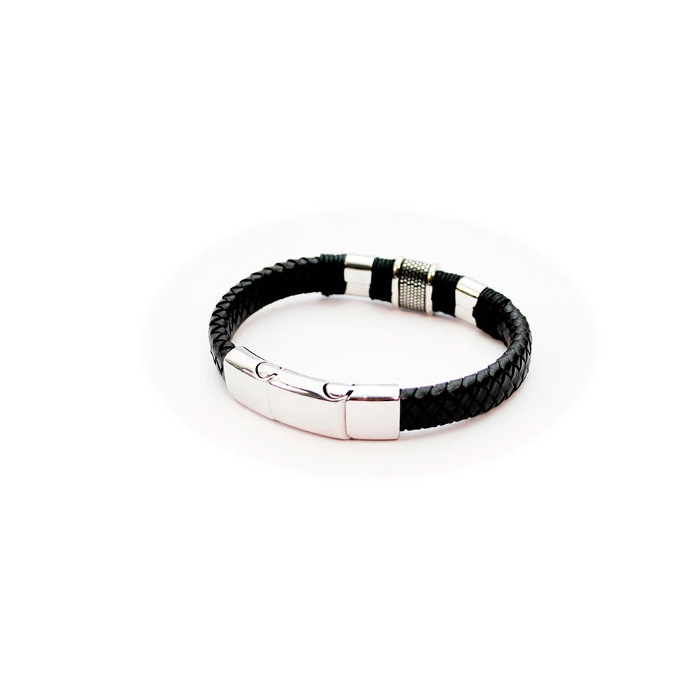 Double black leather and 316l steel bracelet