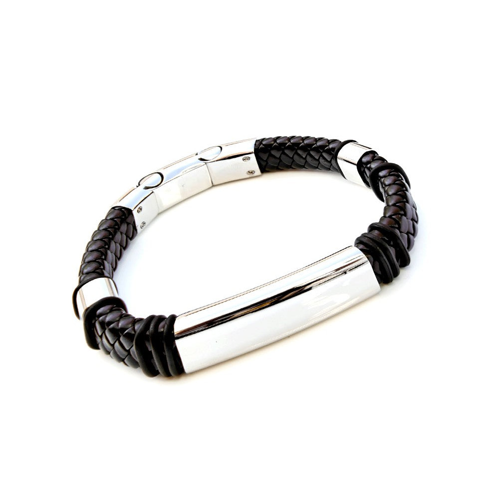 Braided leather and steel bracelet