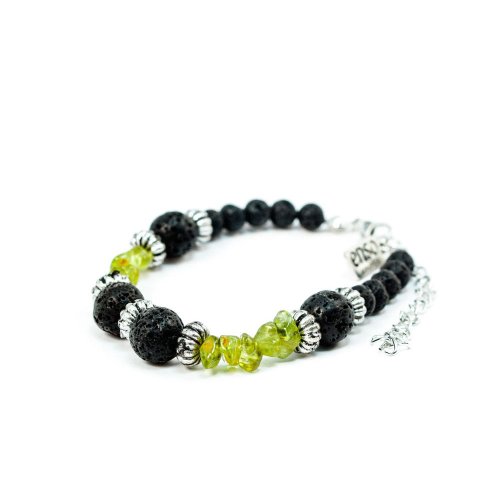 Round lava bracelet, silver and peridot cylinders